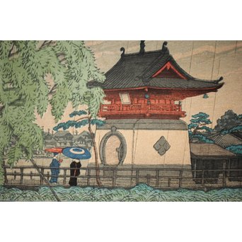 川瀬巴水 初期摺り Bシール 東京二十景/不忍池の雨 木版画　Z270 