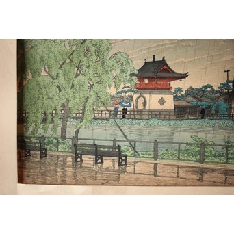 川瀬巴水 初期摺り Bシール 東京二十景/不忍池の雨 木版画　Z270 