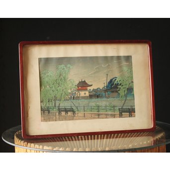 川瀬巴水 初期摺り Bシール 東京二十景/不忍池の雨 木版画　Z270 