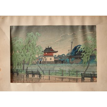 川瀬巴水 初期摺り Bシール 東京二十景/不忍池の雨 木版画　Z270 