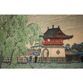 川瀬巴水 初期摺り Bシール 東京二十景/不忍池の雨 木版画　Z270 