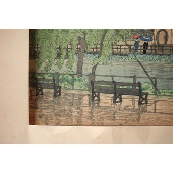 川瀬巴水 初期摺り Bシール 東京二十景/不忍池の雨 木版画　Z270 