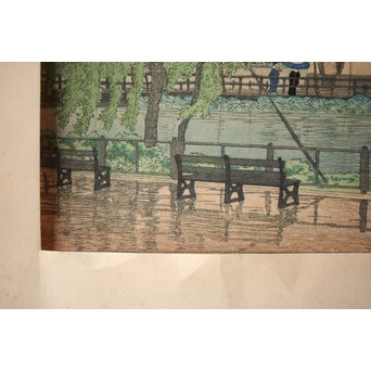 川瀬巴水 初期摺り Bシール 東京二十景/不忍池の雨 木版画　Z270 