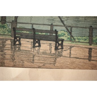 川瀬巴水 初期摺り Bシール 東京二十景/不忍池の雨 木版画　Z270 