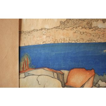 小圃千浦 Chiura Obata 木版画 [山上の湖 米国加洲ハイシエーラ][Lake basin in high Sierra]　Z271 