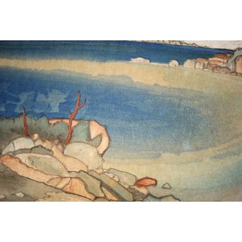 小圃千浦 Chiura Obata 木版画 [山上の湖 米国加洲ハイシエーラ][Lake basin in high Sierra]　Z271 