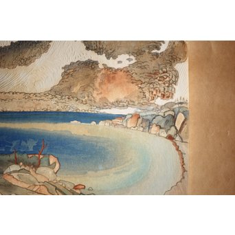 小圃千浦 Chiura Obata 木版画 [山上の湖 米国加洲ハイシエーラ][Lake basin in high Sierra]　Z271 