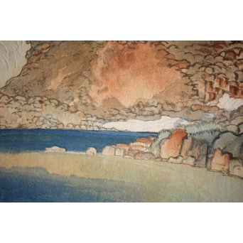 小圃千浦 Chiura Obata 木版画 [山上の湖 米国加洲ハイシエーラ][Lake basin in high Sierra]　Z271 