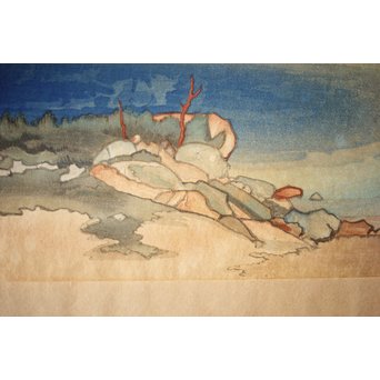 小圃千浦 Chiura Obata 木版画 [山上の湖 米国加洲ハイシエーラ][Lake basin in high Sierra]　Z271 