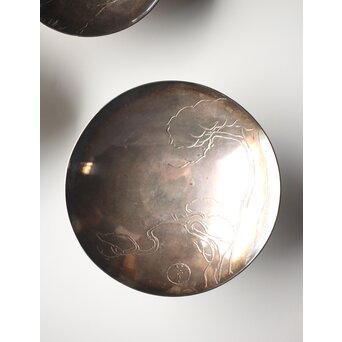 神坂雪佳/古市/〇篙 三者合作 片切彫三重銀杯　M286 