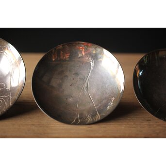 神坂雪佳/古市/〇篙 三者合作 片切彫三重銀杯　M286 