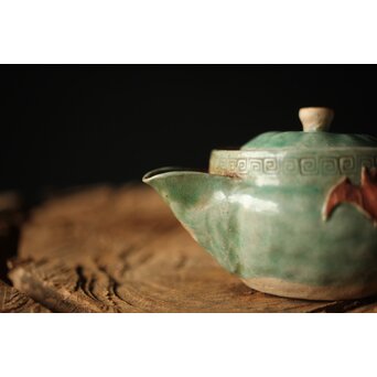 古萬古 緑釉蝙蝠耳急須　P300 