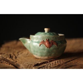 古萬古 緑釉蝙蝠耳急須　P300 