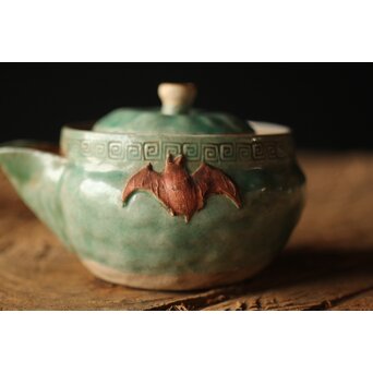 古萬古 緑釉蝙蝠耳急須　P300 