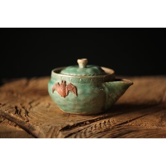 古萬古 緑釉蝙蝠耳急須　P300 