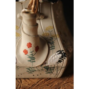 明治萬古 堀友直造 白泥花鶴細密色絵 五角形急須　P301 