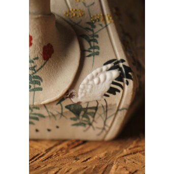 明治萬古 堀友直造 白泥花鶴細密色絵 五角形急須　P301 