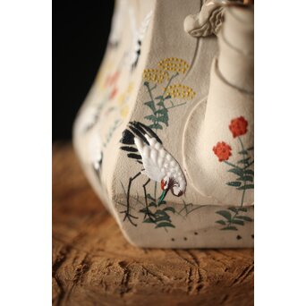 明治萬古 堀友直造 白泥花鶴細密色絵 五角形急須　P301 