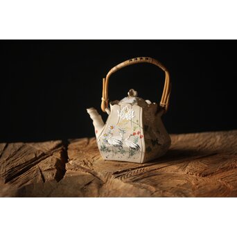 明治萬古 堀友直造 白泥花鶴細密色絵 五角形急須　P301