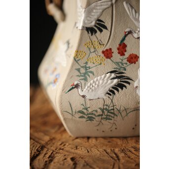 明治萬古 堀友直造 白泥花鶴細密色絵 五角形急須　P301 