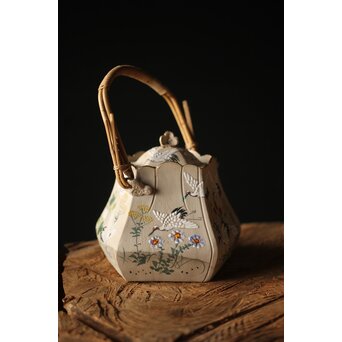 明治萬古 堀友直造 白泥花鶴細密色絵 五角形急須　P301 