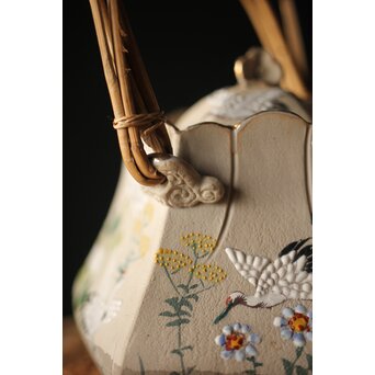 明治萬古 堀友直造 白泥花鶴細密色絵 五角形急須　P301 