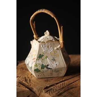 明治萬古 堀友直造 白泥花鶴細密色絵 五角形急須　P301 