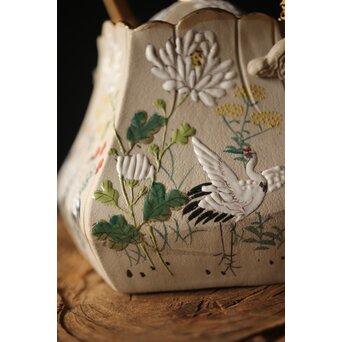 明治萬古 堀友直造 白泥花鶴細密色絵 五角形急須　P301 