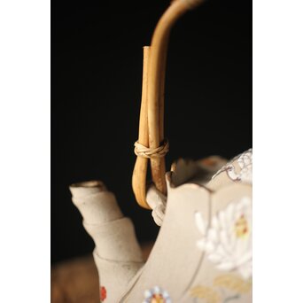 明治萬古 堀友直造 白泥花鶴細密色絵 五角形急須　P301 