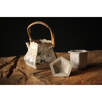 明治萬古 堀友直造 白泥花鶴細密色絵 五角形急須　P301 