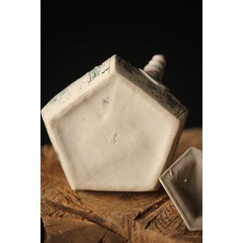 明治萬古 堀友直造 白泥花鶴細密色絵 五角形急須　P301 