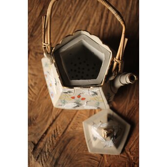 明治萬古 堀友直造 白泥花鶴細密色絵 五角形急須　P301 