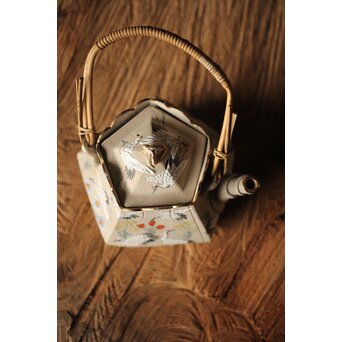 明治萬古 堀友直造 白泥花鶴細密色絵 五角形急須　P301 