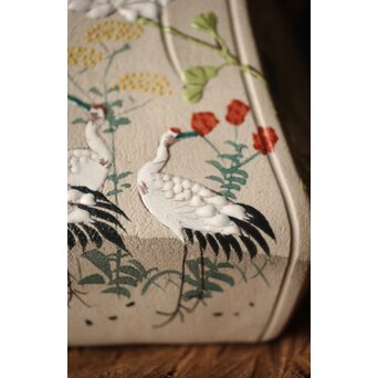 明治萬古 堀友直造 白泥花鶴細密色絵 五角形急須　P301 