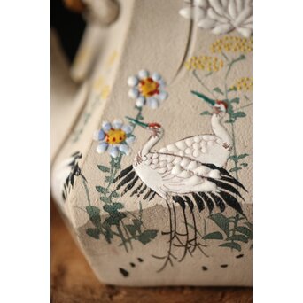 明治萬古 堀友直造 白泥花鶴細密色絵 五角形急須　P301 