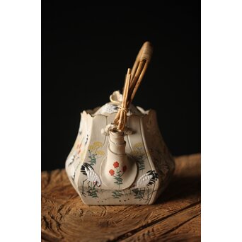 明治萬古 堀友直造 白泥花鶴細密色絵 五角形急須　P301 