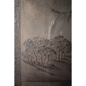 古代塗 蒲原塗か 群仙洞銘 横額/扁額 山水図　Q282 