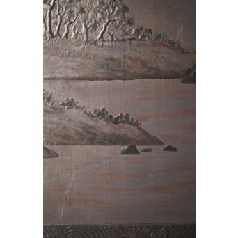 古代塗 蒲原塗か 群仙洞銘 横額/扁額 山水図　Q282 