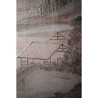 古代塗 蒲原塗か 群仙洞銘 横額/扁額 山水図　Q282 