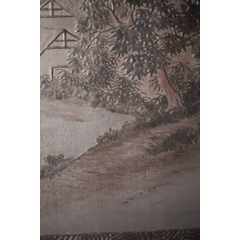 古代塗 蒲原塗か 群仙洞銘 横額/扁額 山水図　Q282 