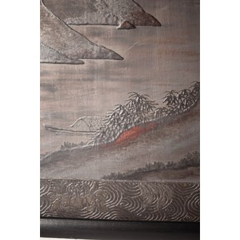 古代塗 蒲原塗か 群仙洞銘 横額/扁額 山水図　Q282 