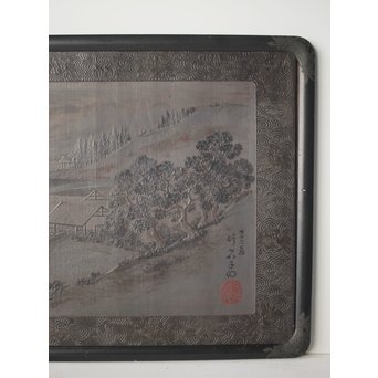 古代塗 蒲原塗か 群仙洞銘 横額/扁額 山水図　Q282 