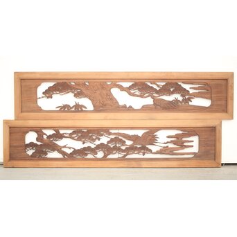 鶴亀木彫欄間 2枚1組　R0134 