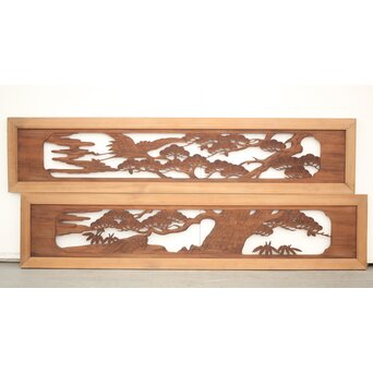 鶴亀木彫欄間 2枚1組　R0134