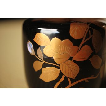 加賀蒔絵師 坂下雄峰 山茶花蒔絵 大棗 共箱　Q288 