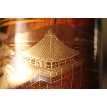 北浜宗貴 浮御堂蒔絵 文庫形 黒柿香合 共箱　Q290 