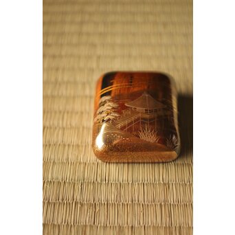 北浜宗貴 浮御堂蒔絵 文庫形 黒柿香合 共箱　Q290