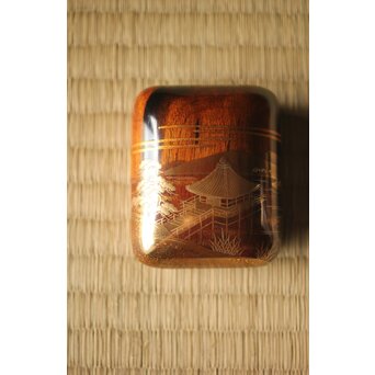 北浜宗貴 浮御堂蒔絵 文庫形 黒柿香合 共箱　Q290 