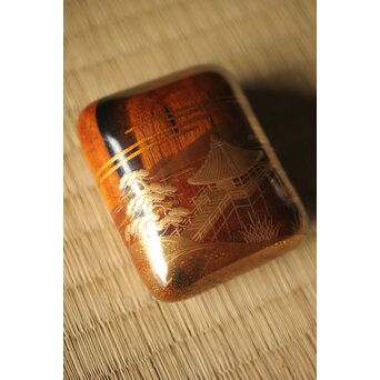 北浜宗貴 浮御堂蒔絵 文庫形 黒柿香合 共箱　Q290 