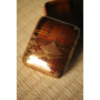 北浜宗貴 浮御堂蒔絵 文庫形 黒柿香合 共箱　Q290 